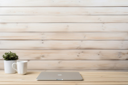 Efficient Workspace: A Closer Look at a Minimalist Setup with Laptop, Supplies, and Ambianceの素材