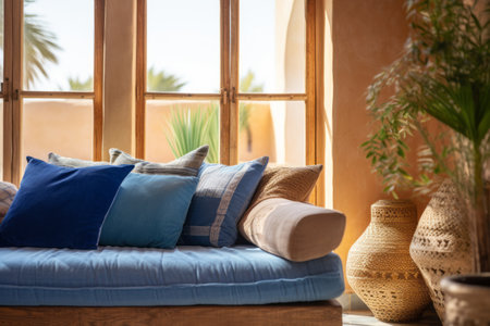 Embracing Tranquility: Cozy Daytime Oasis with a Comfortable Blue Sofa near a Window in Mauritaniaの素材