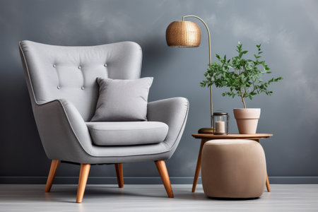 Cozy Scandinavian Living Room: Retro Armchair, Luminous Lamp, and Greenery in Contemporarily Designeの素材