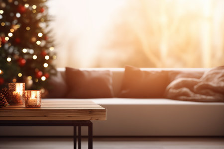 Cozy Corner Table: A Festive Home Interior with a Brown Sofa and Christmas Warmthの素材