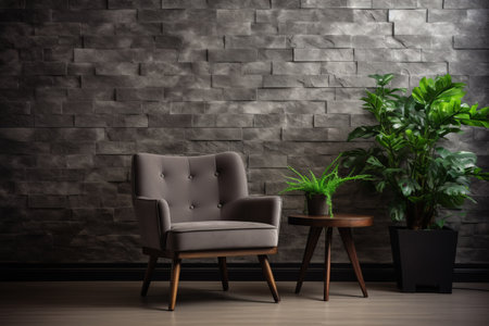 Embrace Serenity: A Stylish Blend of Cozy Armchair, Houseplant, and Grey Brick Wallの素材