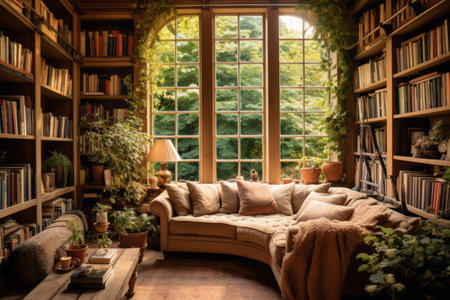 Escape into Knowledge: A Serene Haven of Books in a Cozy Home Libraryの素材