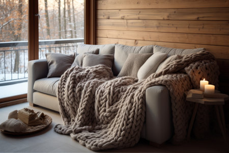 Embrace Warmth and Comfort in Your Cozy Living Room Oasis with a Knitted Blanket on a Comfortable Soの素材