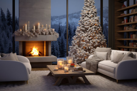 Festive Tranquility: Exploring a Cozy Living Room with a Beautiful Christmas Tree and Fireplaceの素材