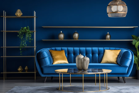 Glamourously Composed Modern Living Room Interior: Embracing Elegance with a Blue Sofa and Stylish Hの素材