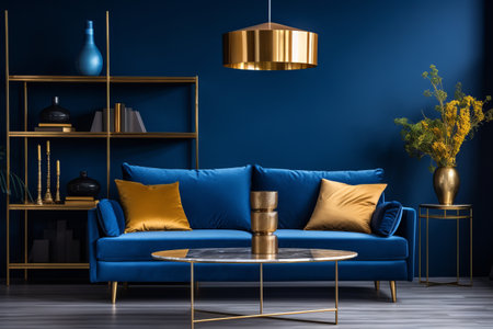 Glamour Blue Sofa and Elegant Home Accessories Bring Life to a Modern Living Room Design - A Creativの素材