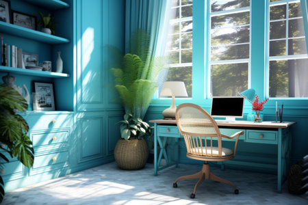 Cyan Serenity: A Bright and Functional Living Room Interior with Desk and Rackの素材