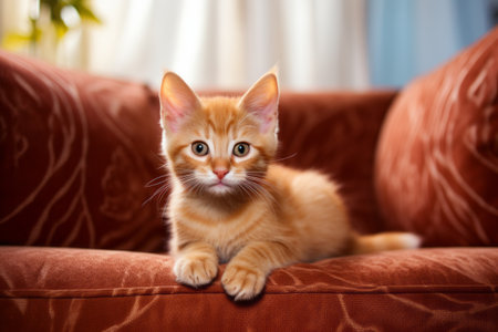 Adorable Red Cat Lounging on the Sofa in a Cozy Living Roomの素材