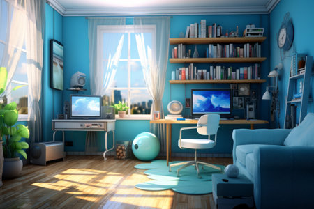 Serene Cyan Paradise: A Stylish Living Room with Desk and Rackの素材