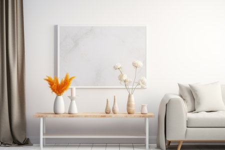 Embracing Elegance: A Stunning Living Room Interior with Chic Mock Up Poster Frame, Boucle Sofa, andの素材