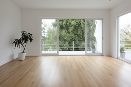 Modern and Inviting: An Empty Living Room with Stylish Laminated Flooring and Two Beautiful Terracesの素材