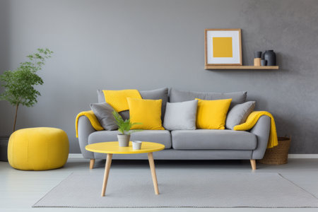 Modern and Vibrant: A Charming Family Living Room with Grey Sofa and Lively Yellow Accentsの素材