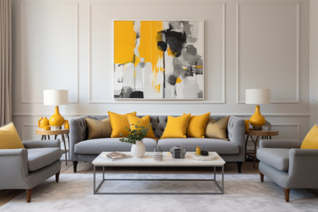 Cozy and Contemporary: A Stylish Family Living Room Glowing with Grey Sofa and Vibrant Yellow Accentの素材