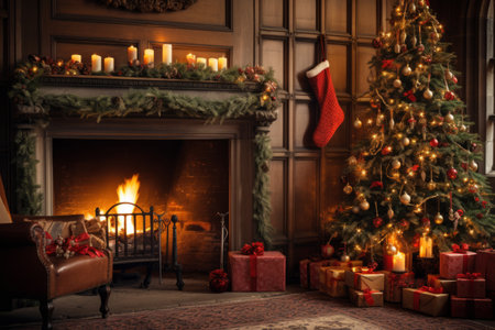 Festive Ambience: A Radiant Christmas Tree and Cozy Fireplace Transform the Interiorの素材