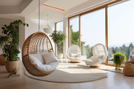 Lavish and Lush: A Glimpse into the Luxurious Living Room with Opulent Sofa and Hanging Basket Chairの素材