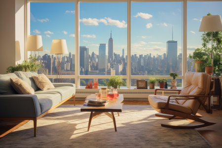 Sunny Afternoon Bliss: Furnished Living Room with a Viewの素材