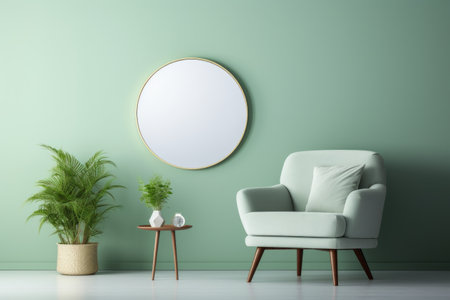 Stylish Living Room Oasis: Green Armchair Against Blue Wall Adorned with Round Mirror and White Wallの素材