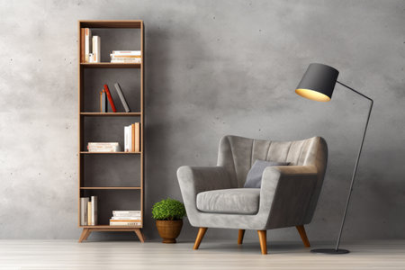 Modern Living Room Interior: Stylish Gray Sofa with Free Space for Mockup, Enhanced with Books and Lの素材