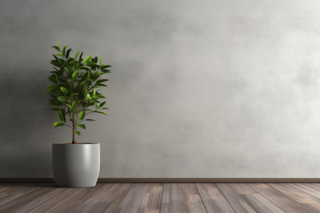 Natural Elegance: 3D Grey Wall and Wooden Floor Background with Planterの素材