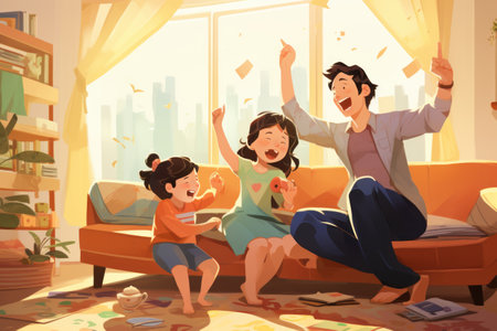 A Joyful Moment: An Asian Family Enjoys Quality Time Together on the Sofa in their Cozy Living Roomの素材
