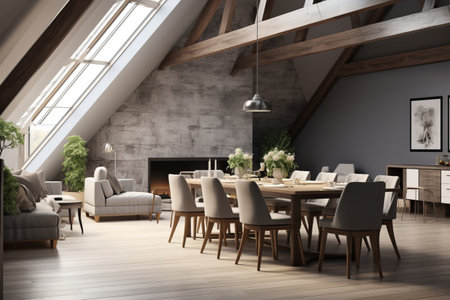 Timeless Elegance: A Captivating Attic Dining Room with Gray Walls, Chic Furnishings, and a Stunningの素材