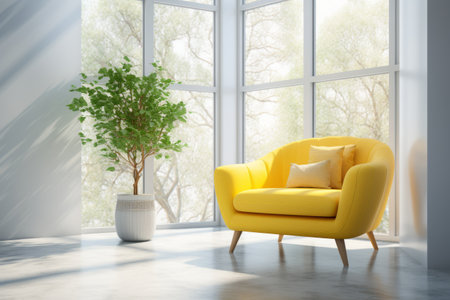 Sunlit Serenity: A Vignette of a Light Living Room with a Yellow Sofa and Armchair, Overlooking a Blの素材