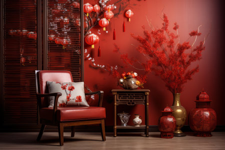 Chinese New Year Charm: A Festive Interior with Armchair and Decor in the Living Roomの素材