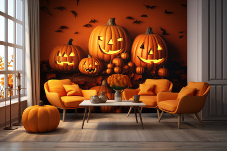 Cozy Fall Vibes: A Glimpse into an Autumn-themed Living Room with Pumpkins, Sofa, and Armchairsの素材