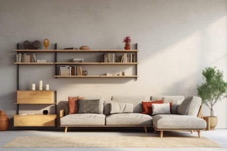 Chaos in the Living Room: A Disordered Retreat Amidst Shelf Units and a Sofa Against a Radiant Wallの素材