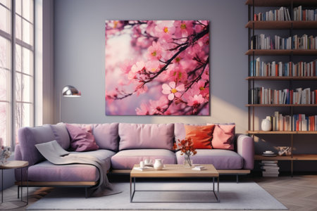 Inviting Serenity: Step inside a Modern Room Adorned with a Cozy Sofa, Delicate Table, and Fresh Sprの素材