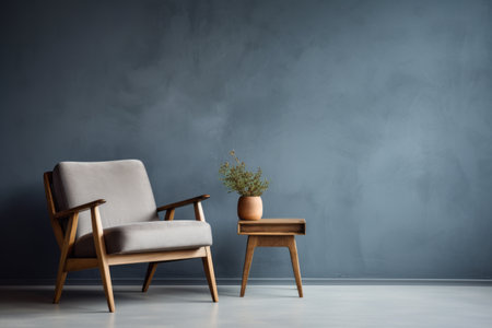 Modern Elegance: A Stunning Interior Featuring Grey Walls, a Blue Armchair, and a Wood Side Tableの素材