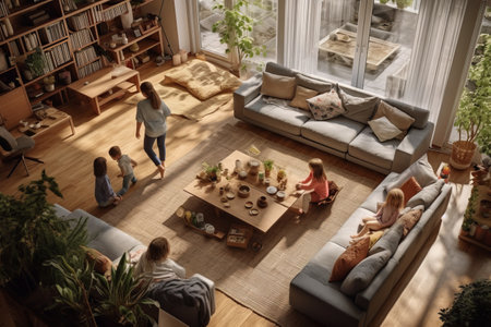 Family Fun: Kids Enjoying Playtime in a Cozy Living Room While Parents Unwind on a Comfortable Sofaの素材