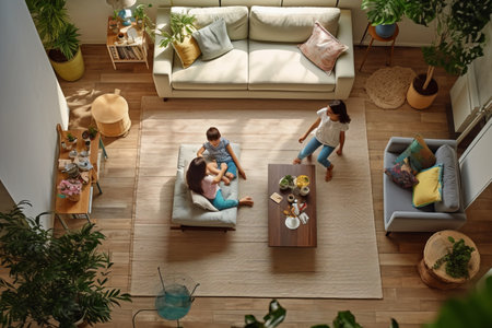 Familial Bliss: Children's Playtime in a Cozy Living Room, While Parents Unwind on a Comfortable Sofの素材