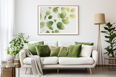 Aesthetic Oasis: Serene Living Room Delights with Leaf-Inspired Posters and Lush Greeneryの素材