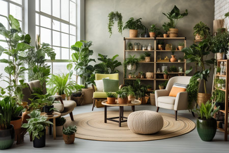Green Oasis: A Stunning Living Room Interior with Diverse Potted Plants and Exquisite Furnitureの素材