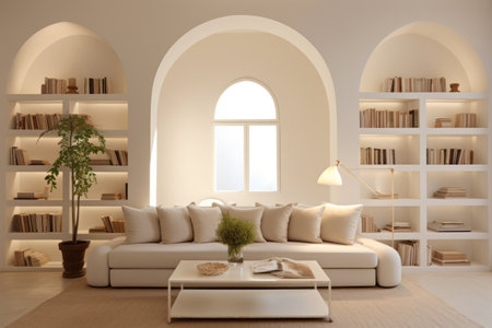 Embracing Simple Elegance: A Warm White Tone Living Room with Minimalist White Decor, Arched Mirror,の素材