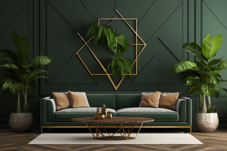 Exquisite Elegance: Captivating Luxury Living Room Mockup with Lush Green Sofa and Opulent Decor agaの素材