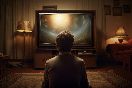 The Captivating View: A Man Engrossed in His Living Room Escapeの素材