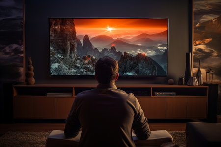Immersed in the  Digital World: A Man Engrossed in his Connected TV Screen in the Living Roomの素材