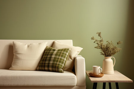 Effortless Elegance: A Minimalist Oasis adorned with a Beige Sofa, Coffee Table, Vase, Green Plaid,の素材