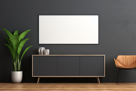 Transforming Living Spaces: Envisioning a Stylish Mockup Frame on a Sleek Cabinet in a Modern Livingの素材