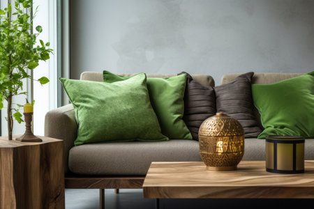 The Serene Elegance of a Modern Living Room: Embracing Green Pillows, Cozy Sofas, and the Warmth ofの素材