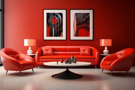 The Bold and Chic: Modern Red Living Room Interior Design Featuring a Stylish Sofa, Armchair, and Twの素材