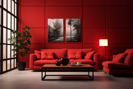 Red Revolution: A Contemporary Living Room Design with Stunning Sofa, Armchair, and Chic Side Tablesの素材