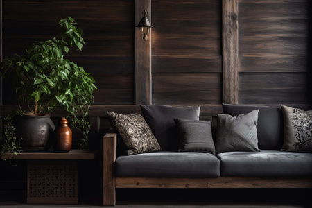 Stylishly Patterned Cushions Enhance Cozy Ambiance in Dark Apartment Interior: A Captivating Snapshoの素材