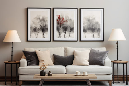 Captivating Living Room Elegance: Photo of Pillows, Grey Couch, Lamp, and Poster in a Stylish Interiの素材