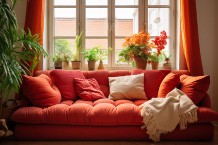 Cozy Living Room Bliss: Warm Color Cushions Adorn Red Couch by Windowの素材