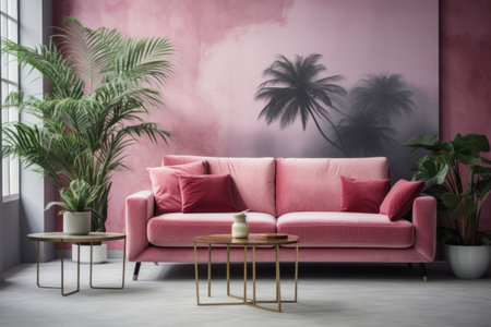 Chic Living Room Interior: A Captivating Blend of Pink Velvet Sofa, Lush Plants, and Artful Coffee Tの素材