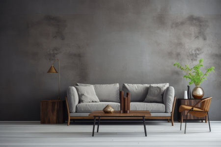 Timeless Elegance: Embracing Retro Style in a Stunning Living Room with a Grey Empty Wallの素材