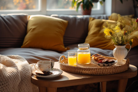 Cozy Morning Delights: An Inviting Still Life in a Charming Living Roomの素材